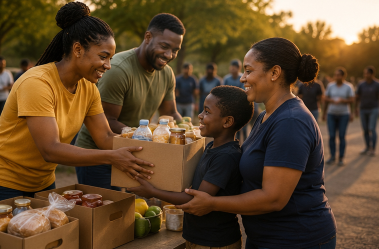 Volunteers preparing food parcels for distribution